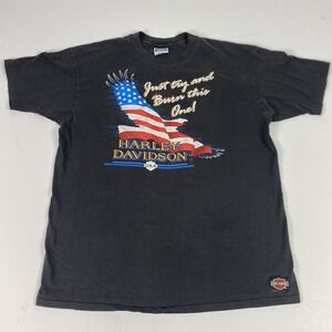 Vintage Harley-Davidson Shirt Mens 2XL Black Eagle Flag USA Graphic Tee 80s